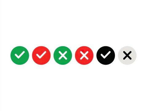 Set of check mark and cross mark icons in various colors and styles isolated on white background
