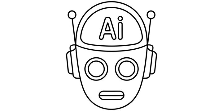 Simple line art icon of a robot head with artificial intelligence symbol isolated on a white background Vector, illustration