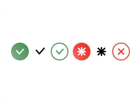 Set of check marks, asterisk and cross icons isolated on white background