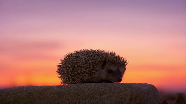 Hedgehog resting on rough stone ledge in side profile under pastel sunset sky with soft rim light, calm wild mood, dense spines, lowered snout, and wide open negative space