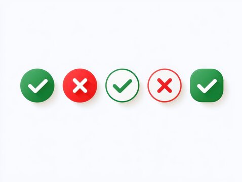 Set of check mark and cross mark icons, green and red symbols for approval, rejection, true or false, correct and incorrect signs isolated on white background