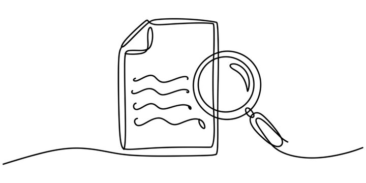 Continuous one line drawing of a document page and a magnifying glass searching for information Vector, illustration