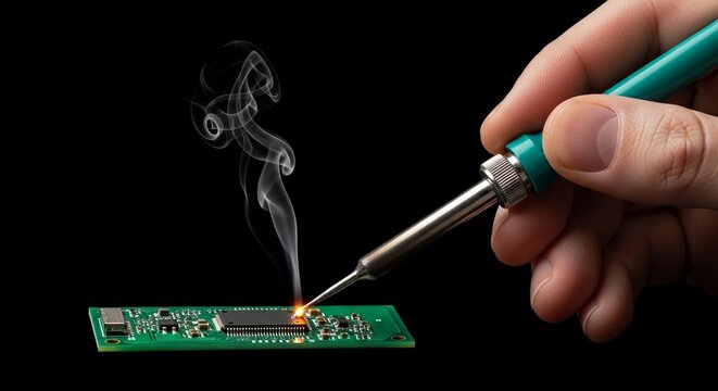 Close-up shot of a hand expertly soldering a green circuit board, with smoke rising from the hot tip of the tool, representing technology and intricate assembly.