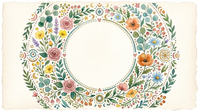 Cute folk frame. Boho floral border. Watercolor design.