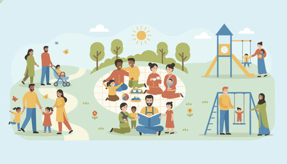 Fototapeta premium A vibrant park scene with multiple families and children enjoying picnics, playgrounds, and strolls on grass.