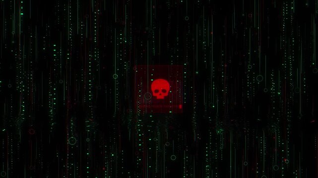 Cyber attack warning skull visual red danger icon, falling green code streams, and dark hacker environment. virus alerts, data breach clips, security reports, malware intros, motion graphics.