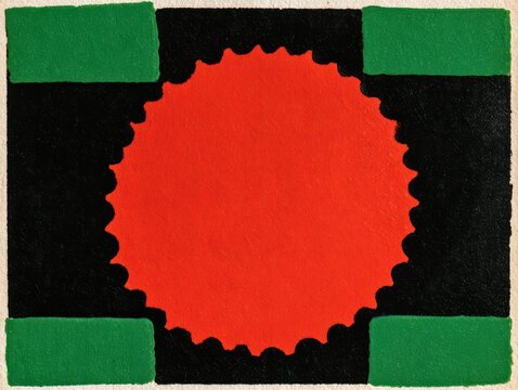 Abstract artistic composition with a central red serrated circle on a black square with green corner accents