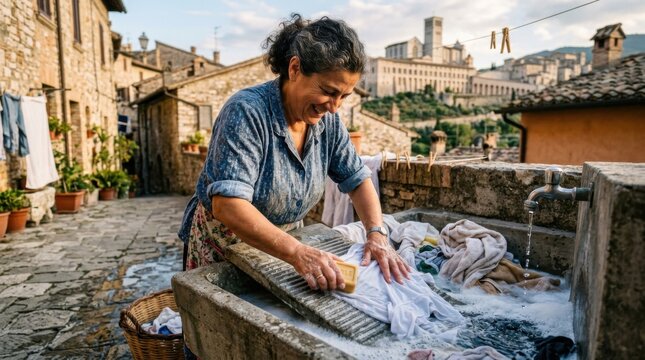 Elderly woman happily washing clothes by hand in a stone basin in an old European village