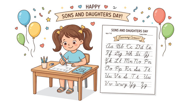 Young girl practicing cursive writing at desk for Sons and Daughters Day education theme vector illustration