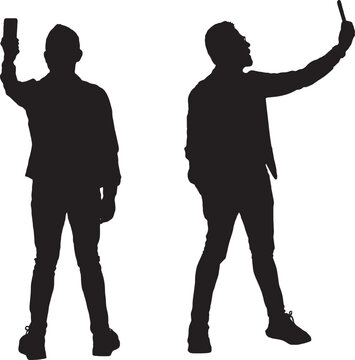 vector,  back and side vilew of  silhouettes of the same man standing and taking a selfie.