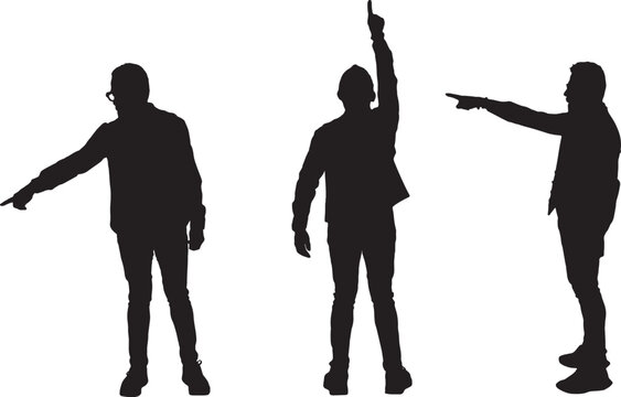 vector,  silhouette of the same man standing and pointing down, up and front his finger