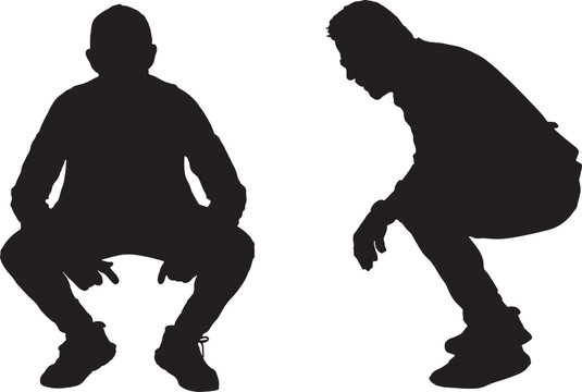 vector,   silhouette of front and side view of  man squatting