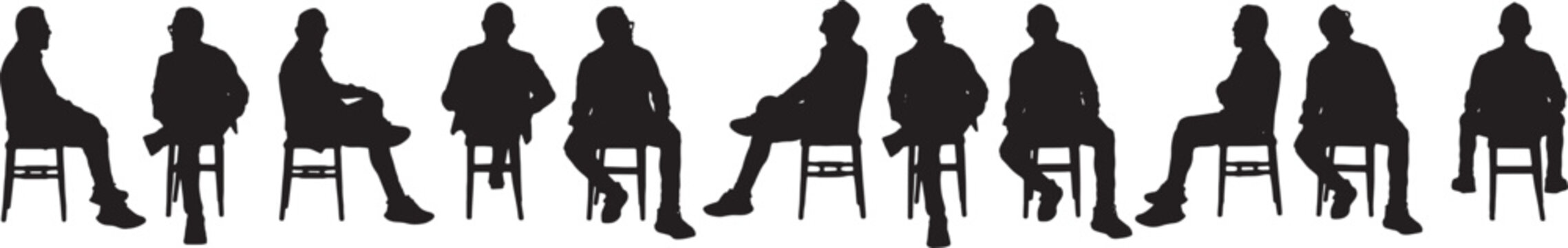 vector,  line of  silhouette various poses of view of a group of same man sitting on chair