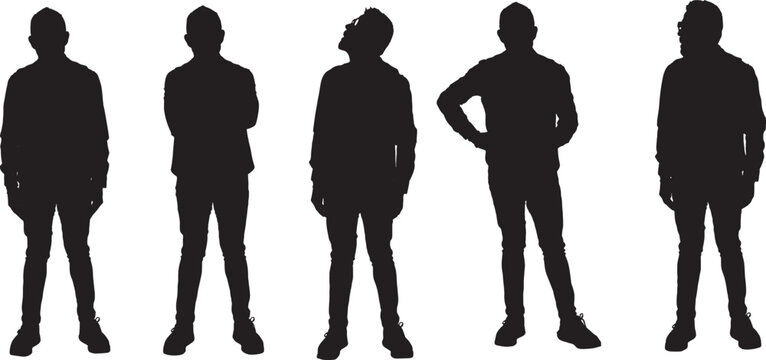 vector,   silhouette of Front view of a group of same man standing
