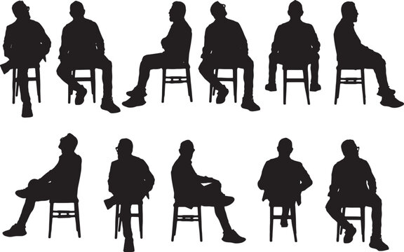 vector,   silhouette various poses of view of a group of same man sitting on chair