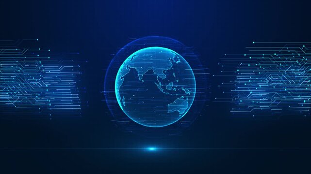 Global network circuit globe visual cyan earth, flowing electronic lines, dark blue 19 grid. for worldwide data clips, cloud systems, business screens, communication promos, motion graphics.