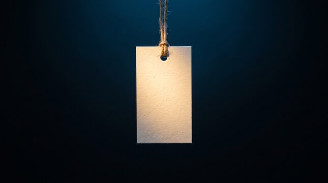 Blank rectangular tag hanging by a twine string against a dark background