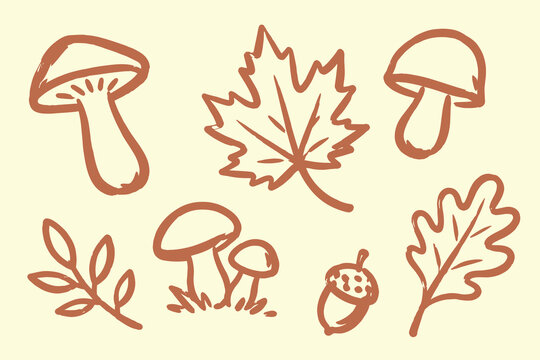 Autumn Mushrooms and Leaves Doodle Vector Illustration