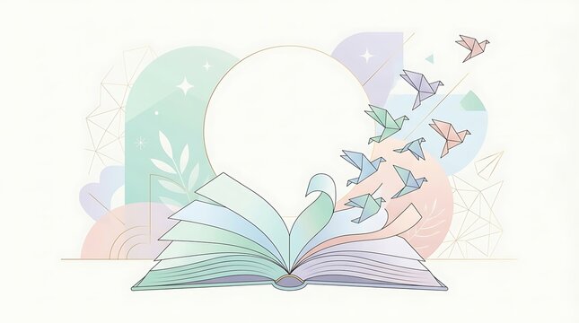 Open book with flying birds illustration. Magical story concept with paper art style.