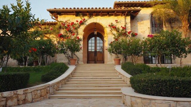 Elegant Mediterranean Villa Entrance with Stone Steps and Lush Garden Landscape &ndash; Luxury Home Exterior Architecture