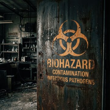Abandoned Laboratory with Biohazard Warning Sign and Contamination Alert.