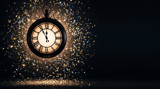 Vintage clock showing midnight surrounded by falling confetti and sparkling lights