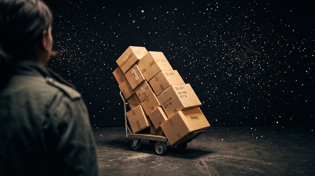 Person looking at a precarious stack of delivery boxes on a cart