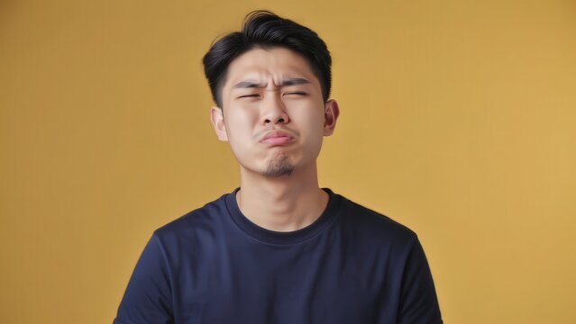 Young Asian Man Making a Disgusted Face &ndash; Portrait of Annoyance and Rejection on Yellow Background