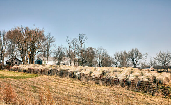 Livestock fodder stores behind metal corral fence on farm