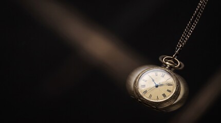 Fototapeta premium Antique pocket watch with chain hanging against a dark background with light beam