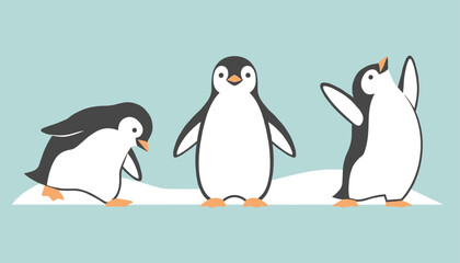 Obraz premium Three cute penguins in different poses standing on snow against a light blue background.