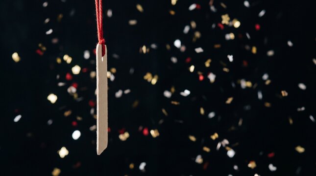 Blank wooden tag hanging on red string with falling confetti