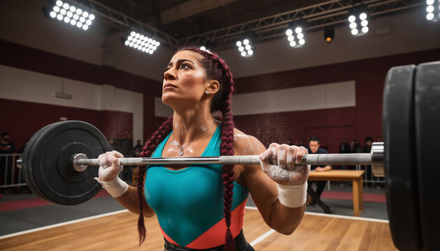 Strong female weightlifter holding heavy barbell at shoulders preparing for lift in indoor gym arena dramatic overhead lighting crossfit powerlifting exercise