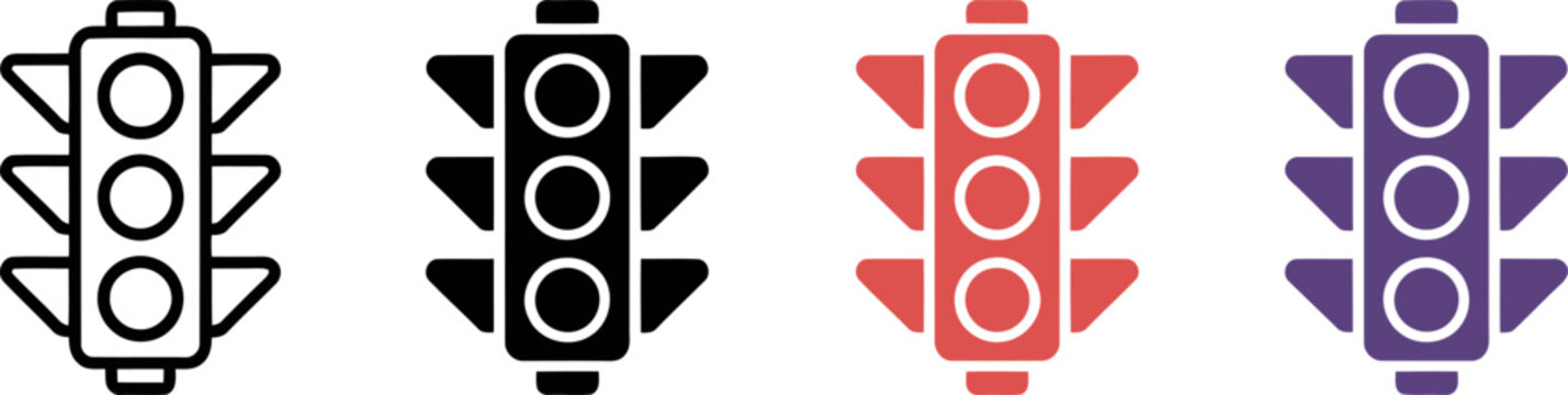 Set of traffic light icons, featuring signal lights in outline, solid, red, and blue styles, representing control and regulation