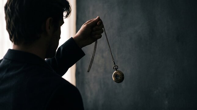 Man in dark suit hypnotizing with a pocket watch on a chain