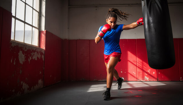 Young athletic female boxer in red gloves hitting heavy punching bag in old boxing gym room natural window light workout exercise indoor combat sport training