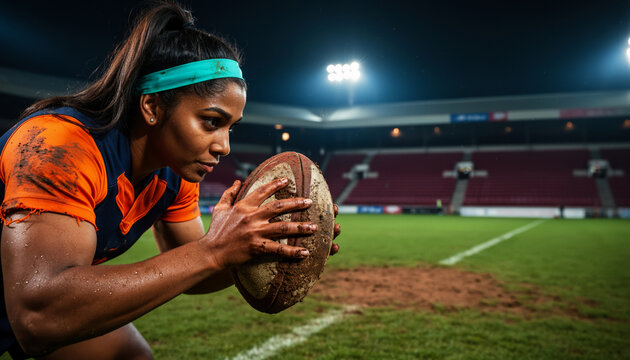 Strong athletic female rugby player holding leather oval ball on muddy stadium field during intense professional night match workout sports training action close up
