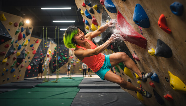 Athletic Asian female climber scaling indoor wooden wall with colorful holds using chalk dust for grip during bouldering exercise session indoor climbing gym arena