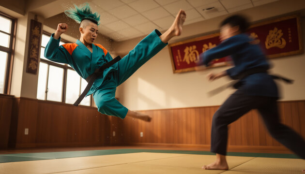 Dynamic male martial artist with mohawk executing airborne jump kick during indoor dojo karate spar practice match movement action view high energy exercise