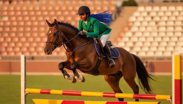 Female equestrian rider in green jacket jumping brown horse over obstacle barrier during show jumping competition outdoors at stadium arena equestrian sports