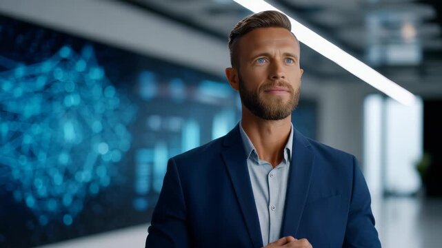 A stylish man in a blue suit stands in a futuristic workspace, exuding confidence and vision. The digital background highlights innovation, leadership, and the future of business technology