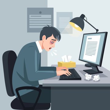 Exhausted office worker battling fatigue and illness at desk with computer and tissues