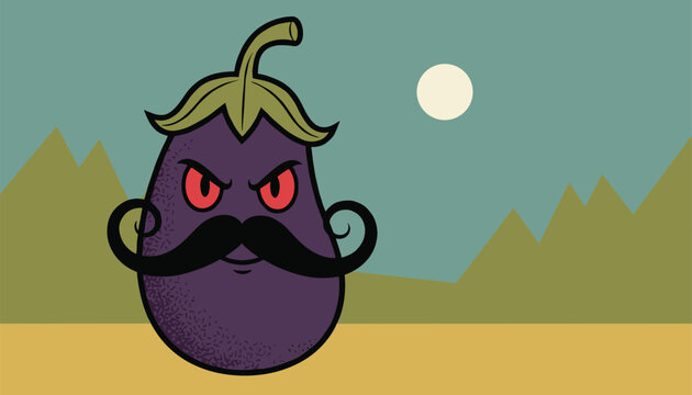Funny cartoon eggplant character with angry expression, red eyes, and a mustache in a landscape.