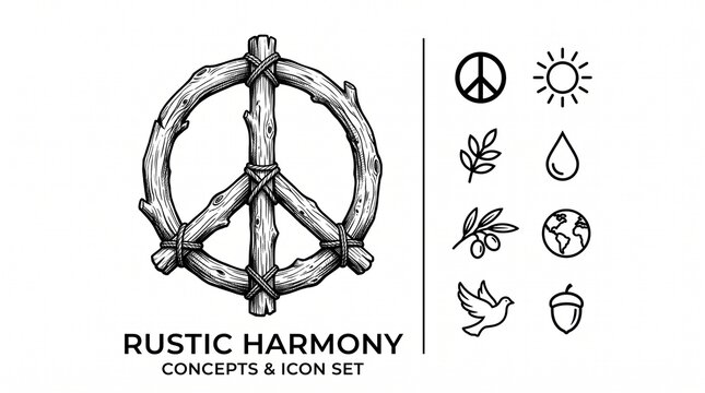 Rustic peace symbol with nature icons set