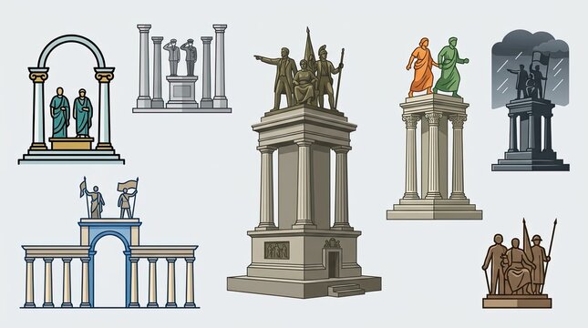 Classical monuments and triumphal arch architectural illustrations.