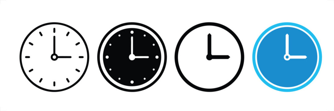 Set of four circular clock featuring black line solid black, minimalist outline, and blue filled styles, all set to three o'clock time