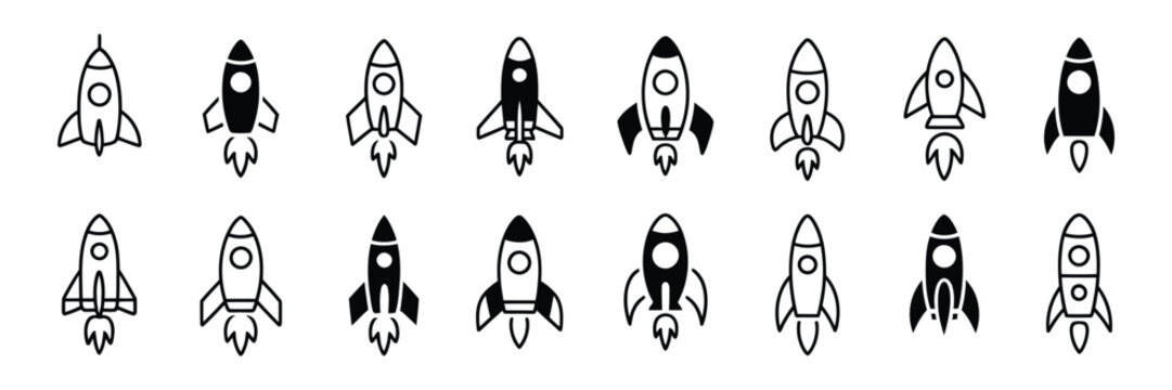 Rocket icon set, space launch symbols, line and solid styles, startup growth, innovation, space exploration, technology, business, science, vector illustration.