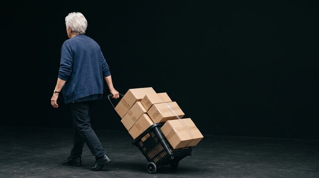 Elderly person pulling a cart full of cardboard boxes across a dark studio