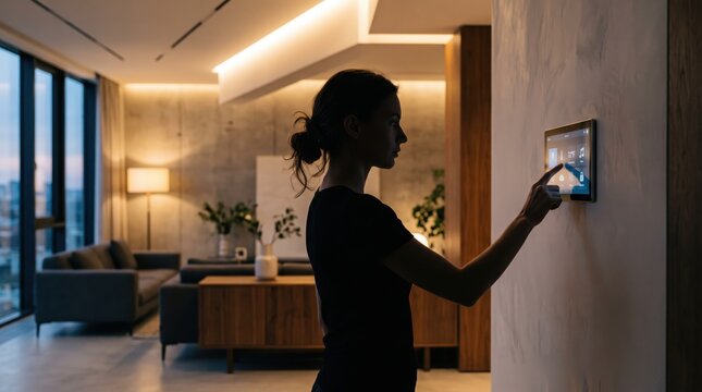 Woman controlling smart home automation system with wall mounted touch screen panel in modern living room interior at dusk evening time lifestyle concept