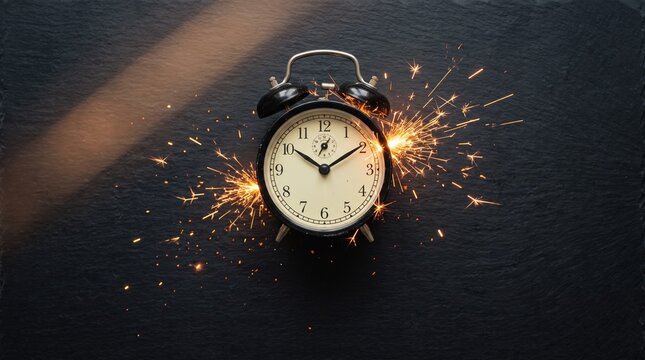 Retro alarm clock exploding with bright sparks on a dark textured surface